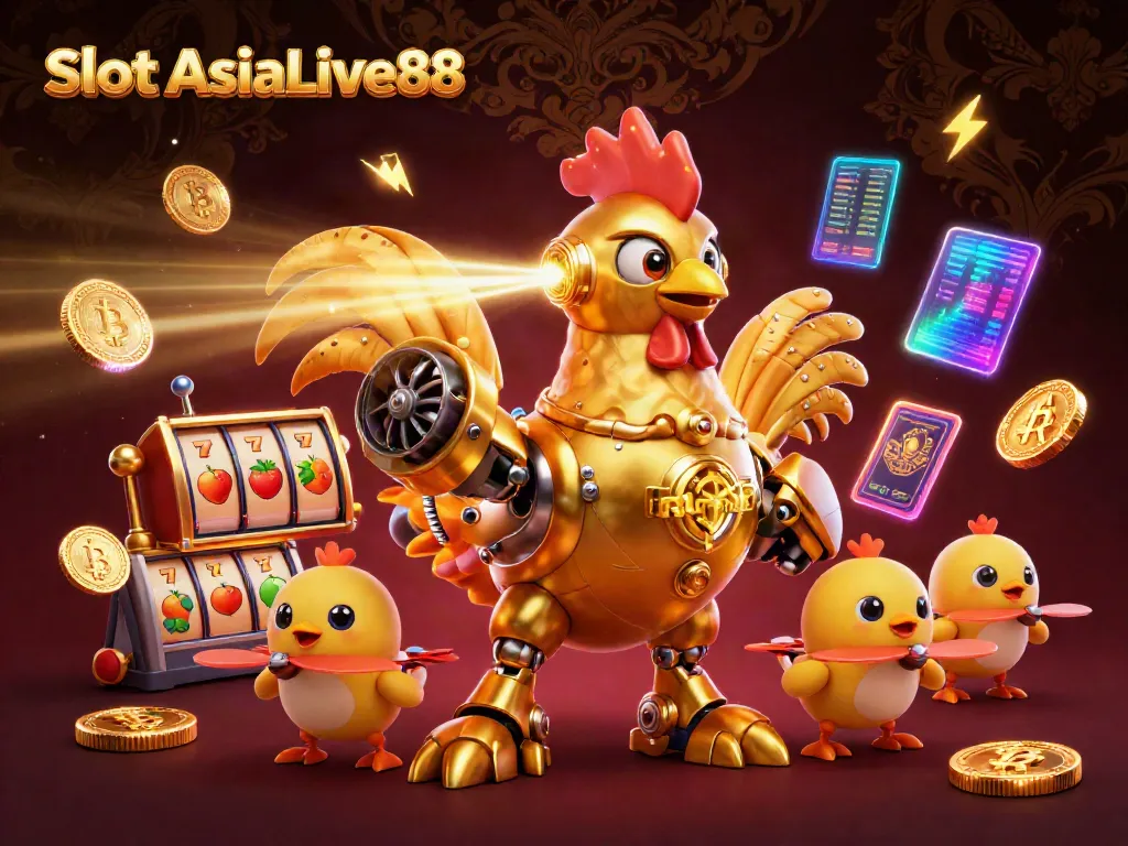 Experience the excitement of Slot AsiaLive88 with a vibrant casino-themed scene featuring a golden rooster robot and baby chick drones.