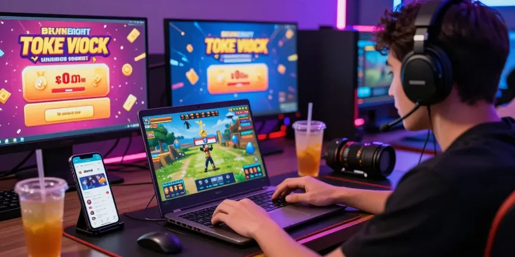 Exciting gaming scene featuring a player on davo88 platform, surrounded by vibrant promotional materials and a modern setup.
