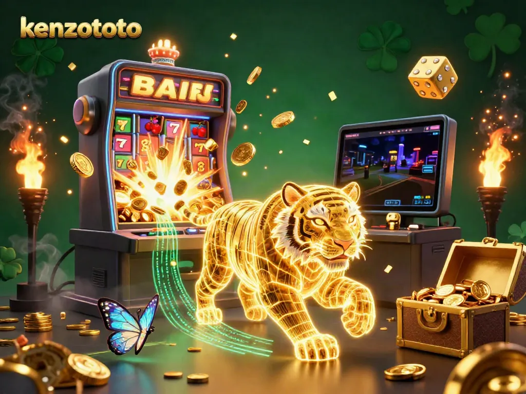 Experience the vibrant world of kenzototo with a 3D tiger amidst a dazzling casino landscape.