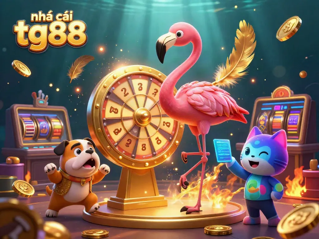 Win big at Nhà cái tg88 with a festive casino scene showcasing a game show host and an eager contestant celebrating rewards.