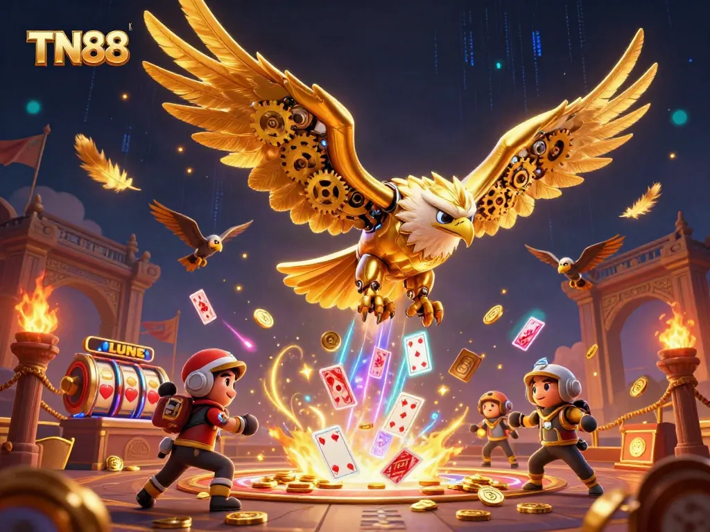 Engaging TN88 illustration with a cybernetic eagle in a vibrant casino scene.