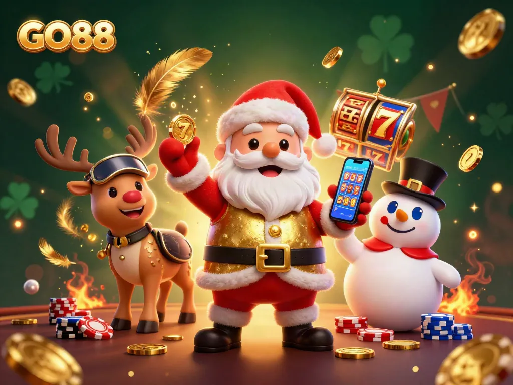 Experience the excitement at GO88 with Santa and friends as they showcase jackpot slots in a vibrant casino scene.