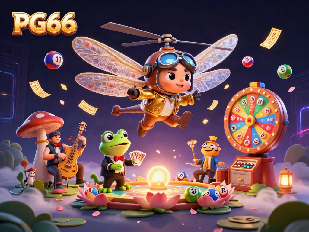 Experience PG66's vibrant casino scene with a dragonfly pilot and frog croupier.