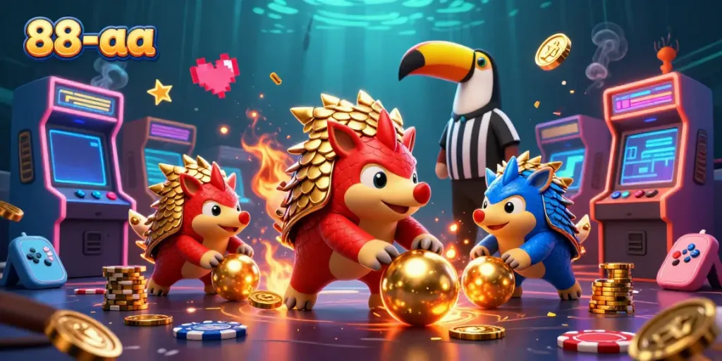 Engage with the exciting scene of pangolins in armor rolling golden balls at 88-aa, surrounded by vibrant casino elements.