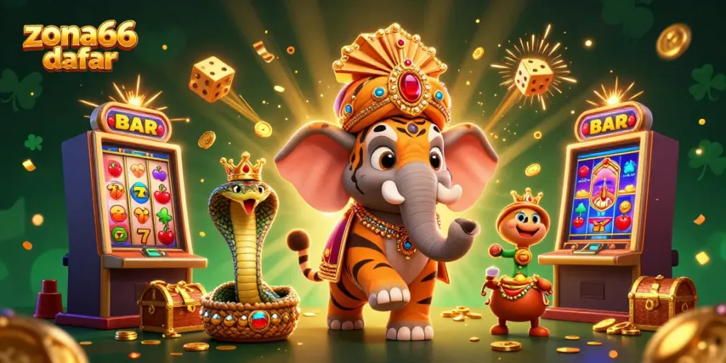 Experience the thrill with zona66 daftar, featuring a vibrant casino scene with a tiger maharaja, elephant, and jackpot explosion.