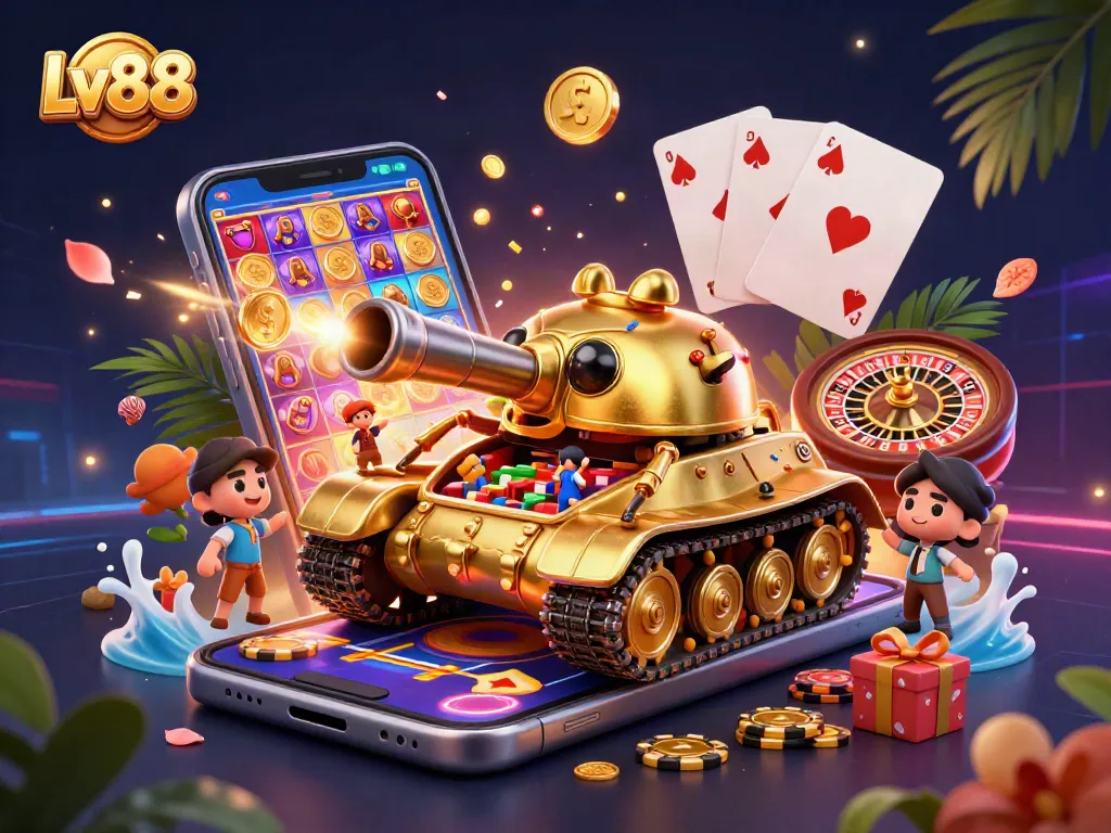 Experience the thrill of Lv88 with a dynamic casino scene featuring a golden beetle tank.