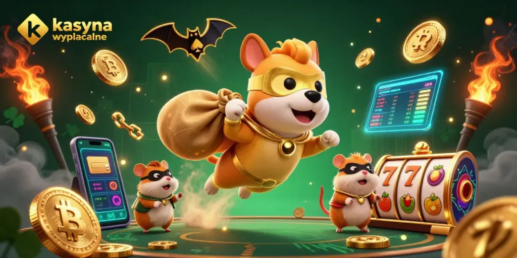 Engage with kasyna wyplacalne in a vibrant 3D illustration showcasing a superhero dog and hamster with coins.