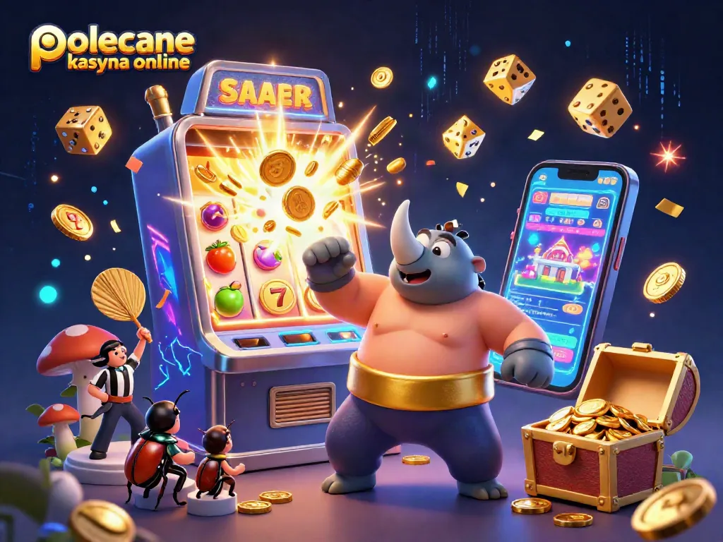 Experience the excitement of polecane kasyna online with a lively scene featuring a cartoon beetle champion and a bursting slot machine.