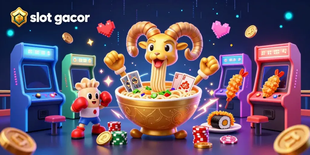 Gambar ilustrasi 3D slot gacor yang menampilkan ramen raksasa berpelukan dengan elemen kasino menarik.