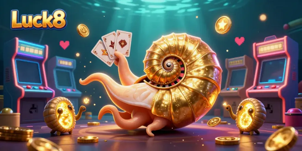 Experience excitement with Luck8 in an ultra-detailed casino scene featuring a giant nautilus roulette wheel.