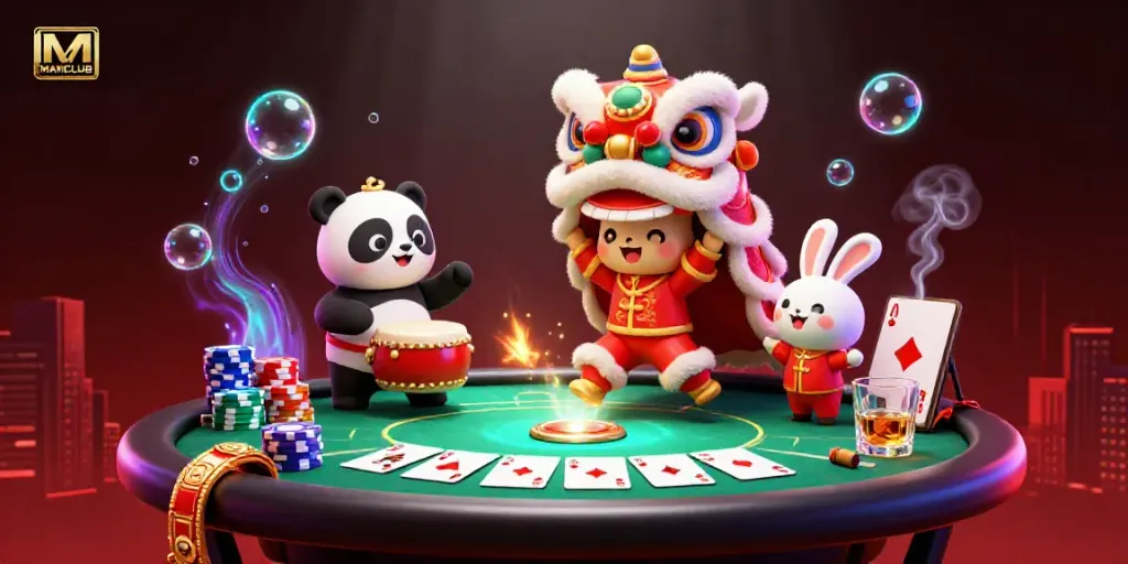 Engage in the vibrant MANCLUB casino atmosphere featuring a lion dance, poker table, and festive characters.