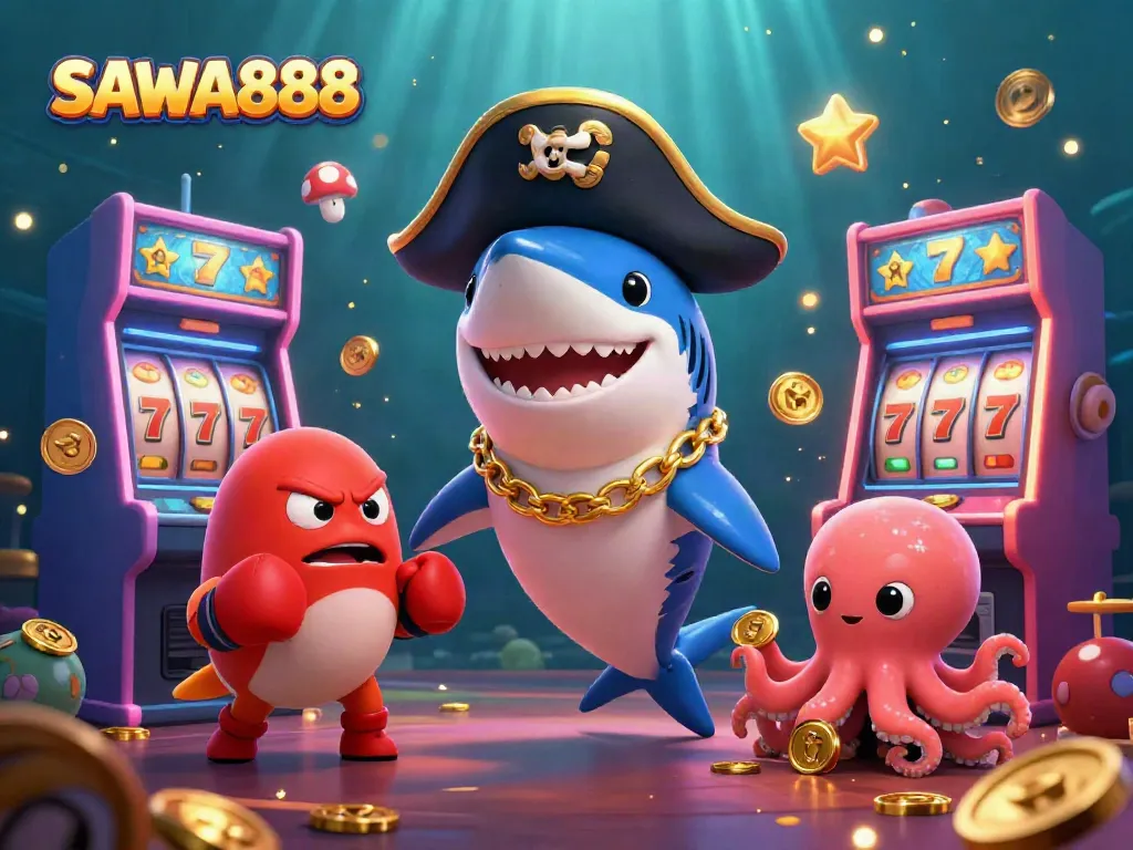 Experience thrilling gameplay at SAWA888 with pirate and octopus characters among vibrant slot machines.