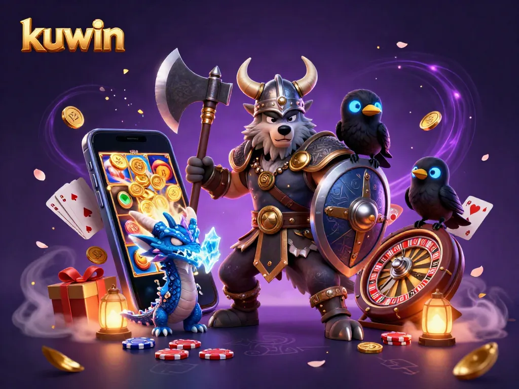 Kuwin's Viking wolf warrior and dragon celebrate casino adventures with slots and cards.