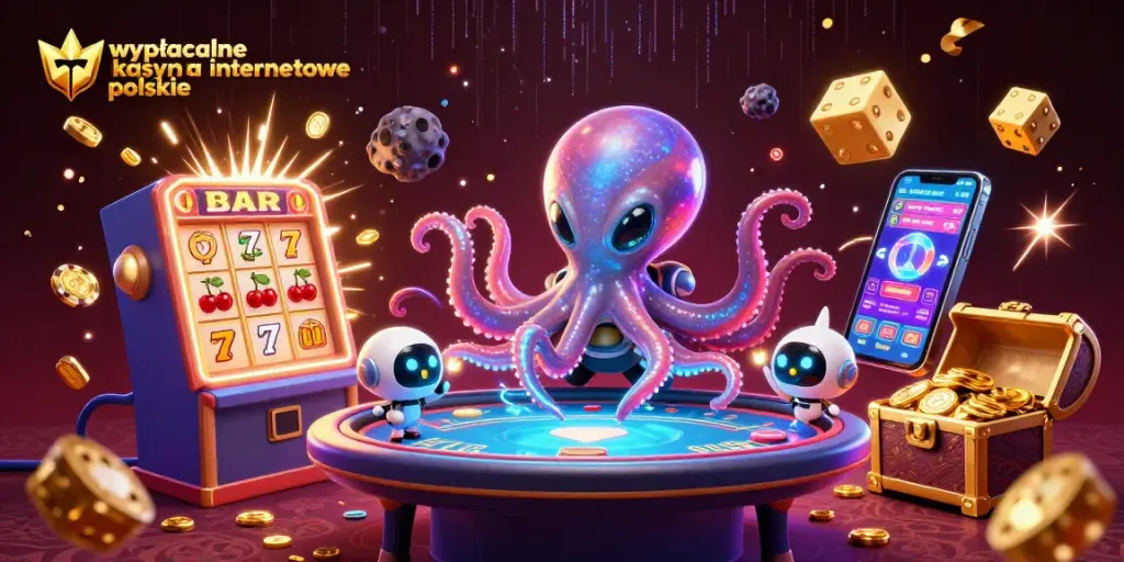Engaging scene with wypłacalne kasyna internetowe polskie, showcasing an octopus managing a holographic poker table amidst dynamic casino elements.