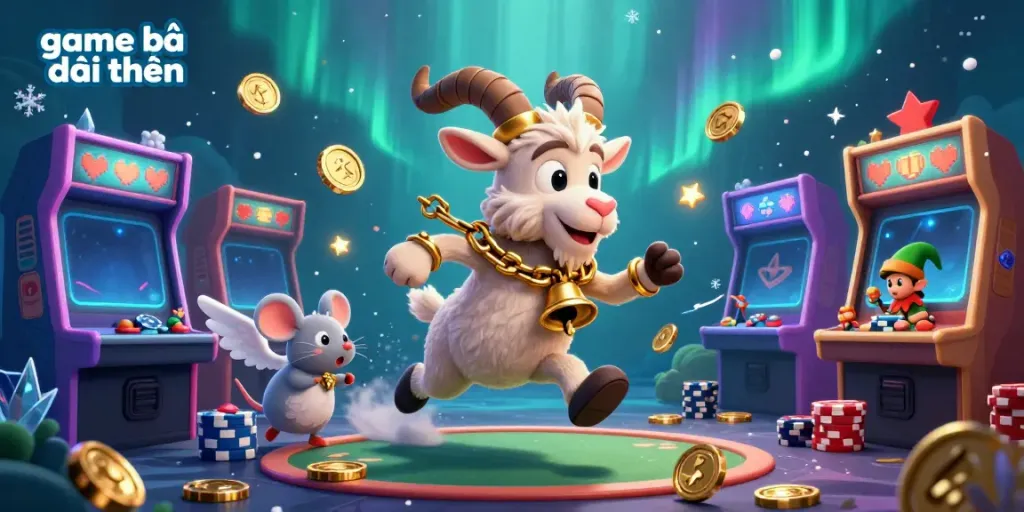 Experience the excitement of game bài đổi thưởng with Krampus and mischievous elves in a stunning 3D casino scene.