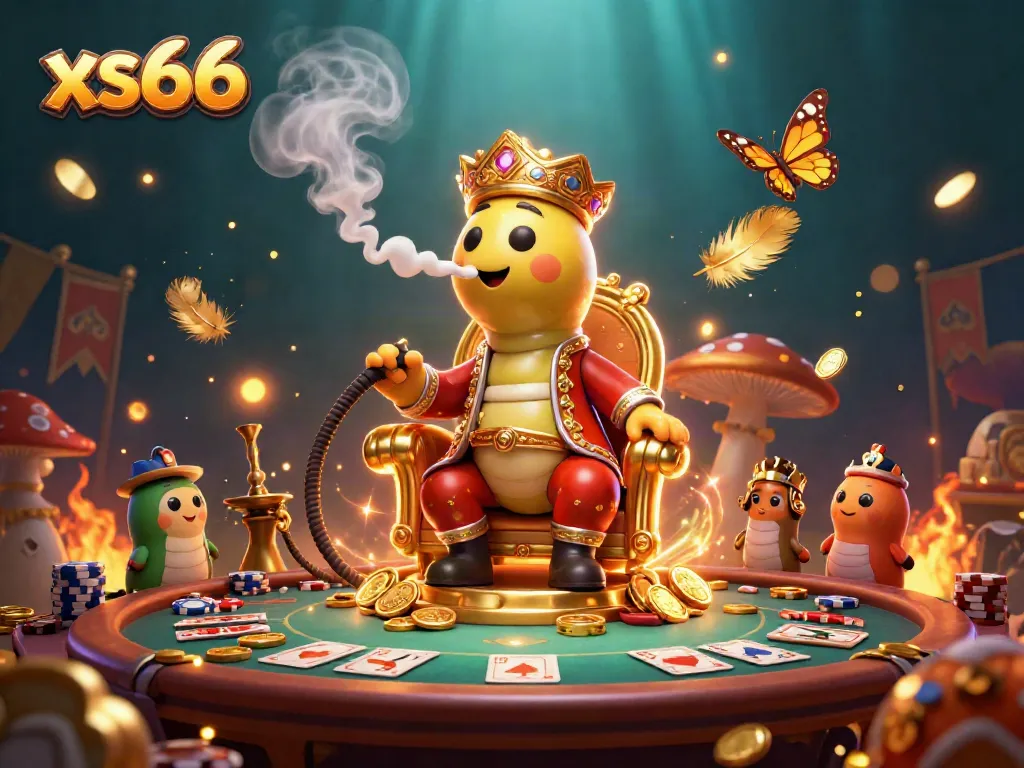 Experience the vibrant and whimsical casino world with xs66, featuring a caterpillar casino master and poker symbols.