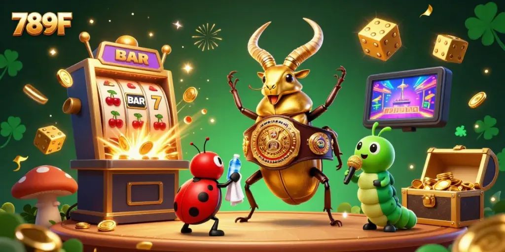 The colorful 3D casino scene showcases 789F with characters including a golden stag beetle and dynamic game elements.
