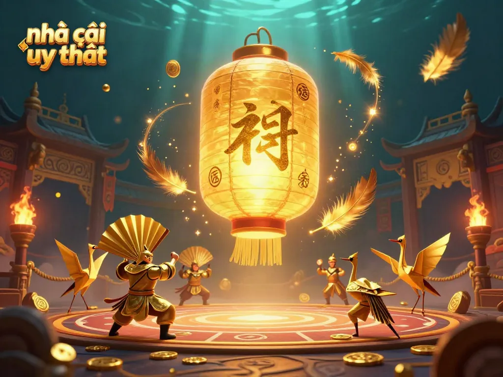 Engage with nhà cái uy tín in a vibrant 3D casino scene of lucky symbols and golden lanterns.