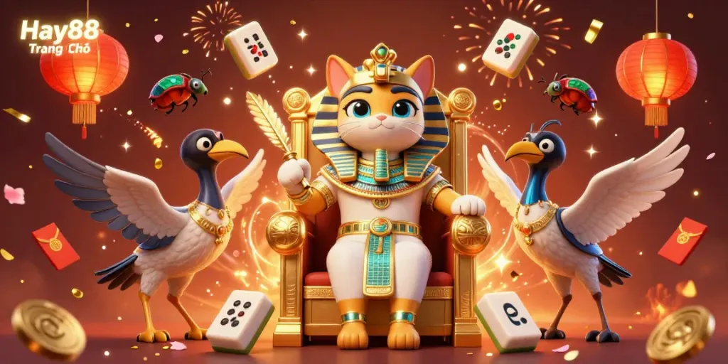Engaging scene of Hay88 Trang Chủ with an Egyptian pharaoh cat seated on a throne, mahjong tiles, and festive elements.