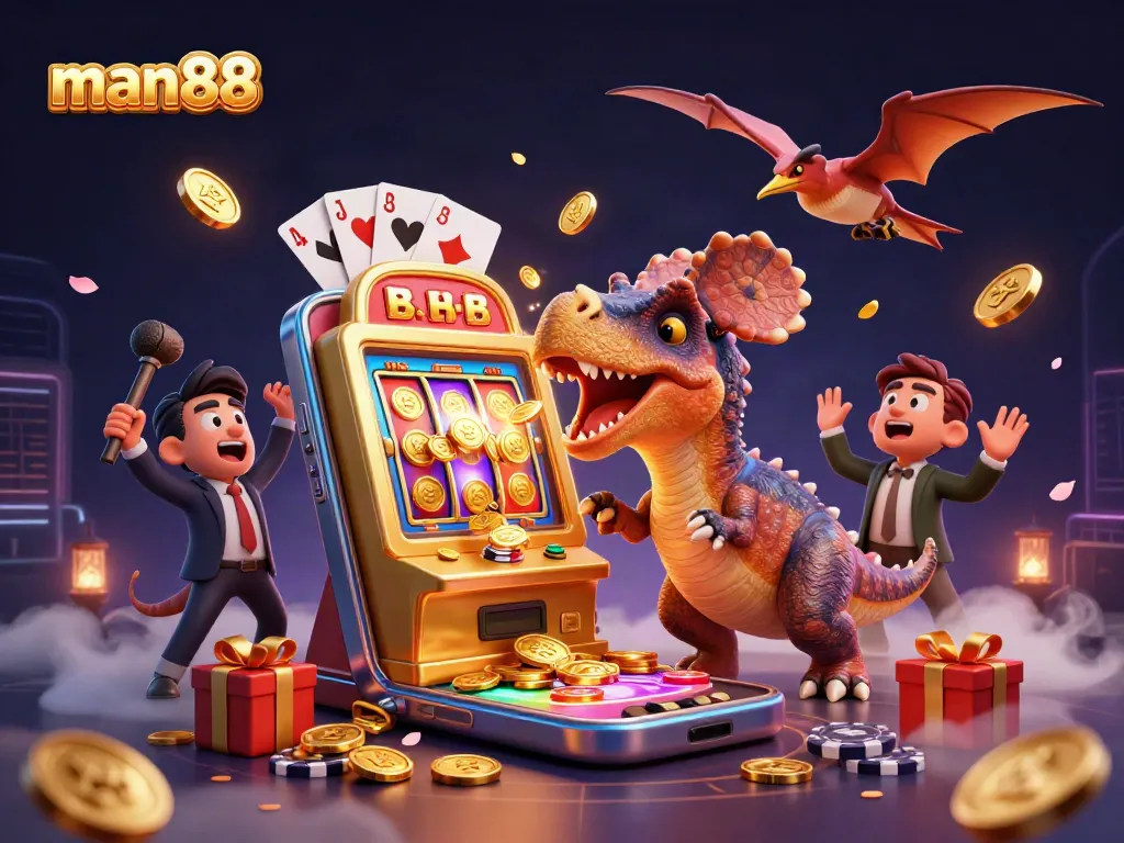Experience the thrilling man88 casino adventure with a pachycephalosaurus hitting a jackpot slot machine.