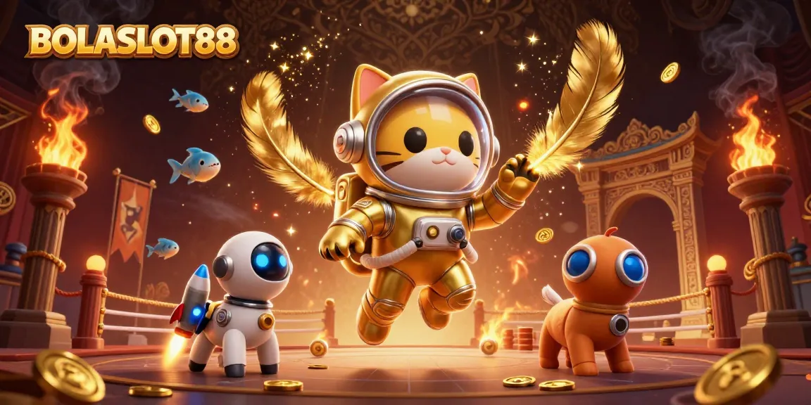 BOLASLOT88 showcases a vibrant casino adventure with animated characters and golden gambling elements.
