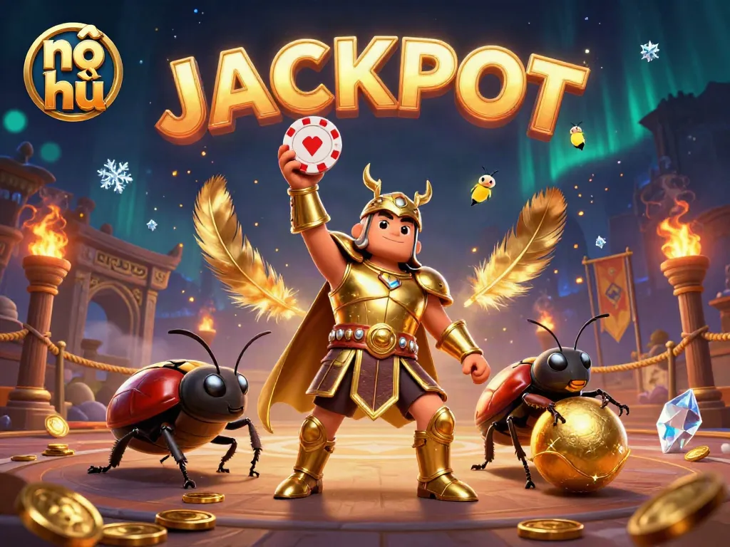 Nổ hũ illustration depicting a victorious beetle lifting a poker chip, surrounded by casino elements.