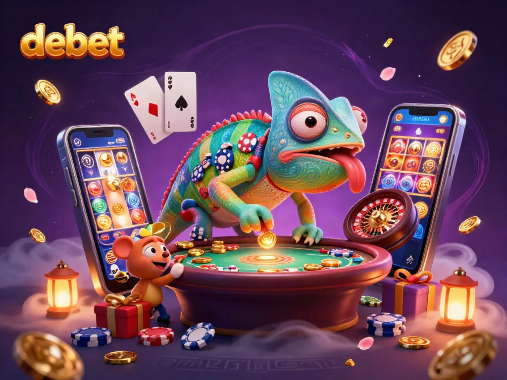 Engage with debet's vibrant casino scene featuring a chameleon owner and gaming elements.
