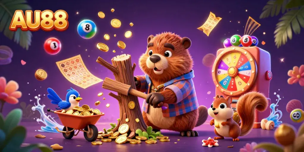 Experience thrilling jackpots at AU88 with a vibrant scene featuring a beaver, bird, and squirrel collecting golden coins.