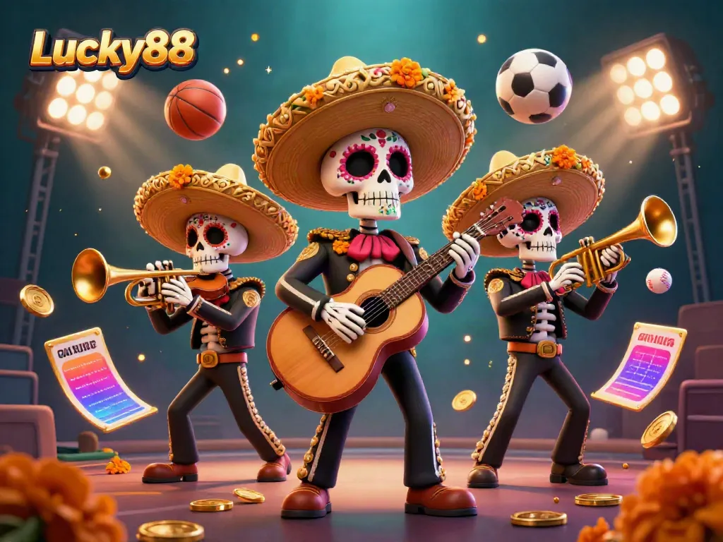 Experience the thrilling atmosphere of Lucky88 with vibrant Dia de los Muertos mariachi band and dynamic sports elements.