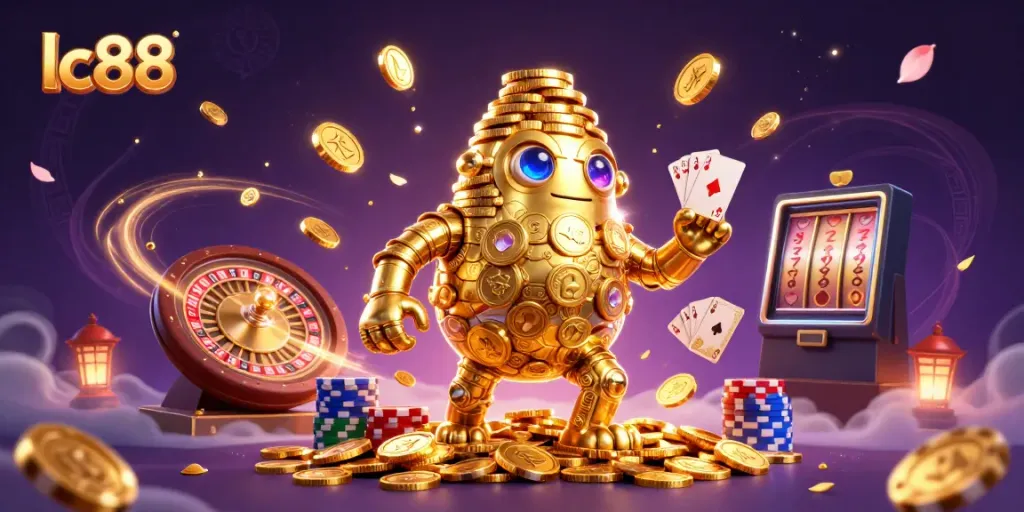 Engage with the exciting world of lc88 through a vibrant 3D golden golem and casino elements.