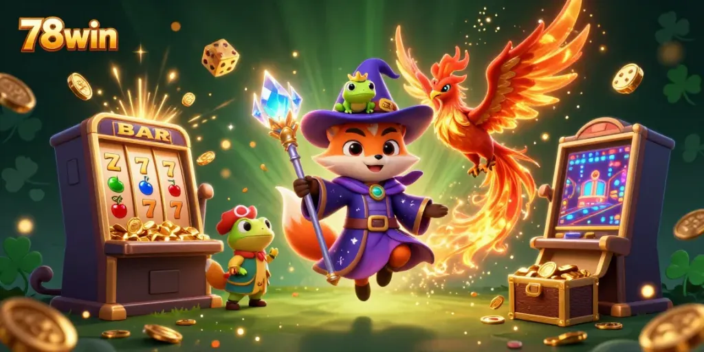 Experience gaming excitement with 78win’s vibrant jackpot scene featuring a wizard fox, phoenix, and treasures.
