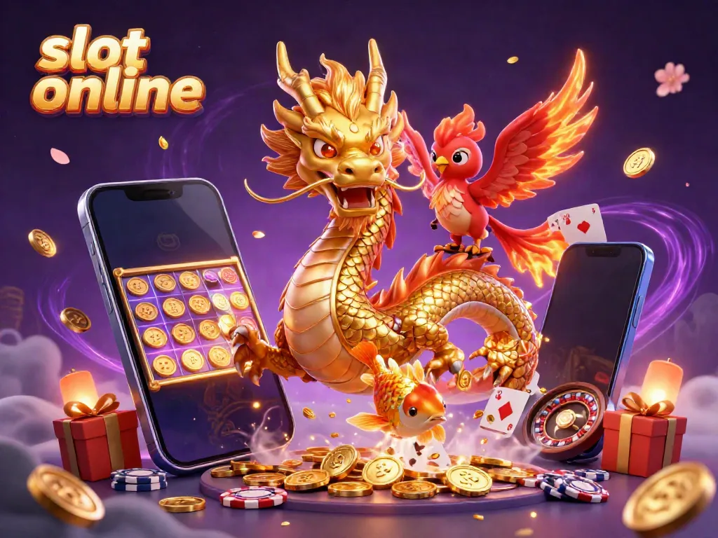 Experience thrilling slot online gameplay with a vibrant dragon, phoenix, and koi fish in a dynamic 3D scene.