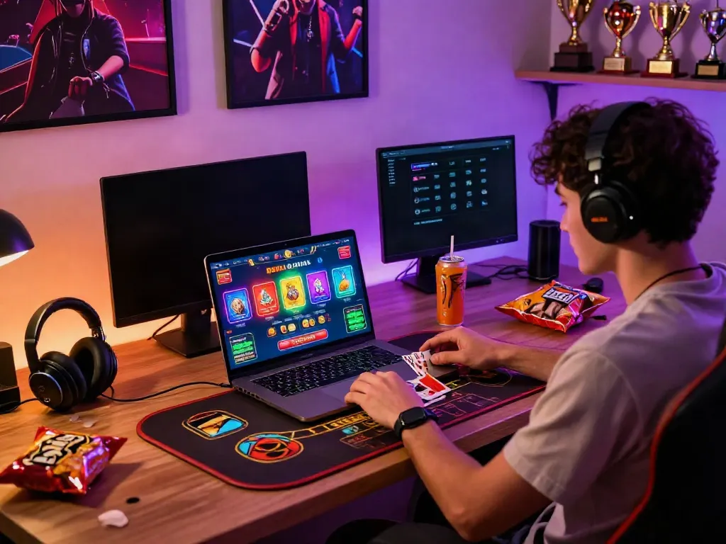 Engaged player at a home gaming setup showcasing Sunwin games on a laptop