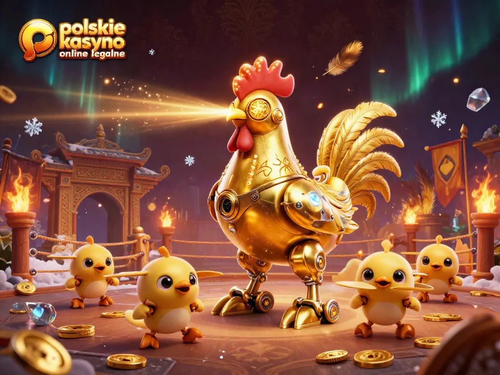 Play at polskie kasyno online legalne with a vibrant 3D scene featuring a golden rooster and betting tokens.