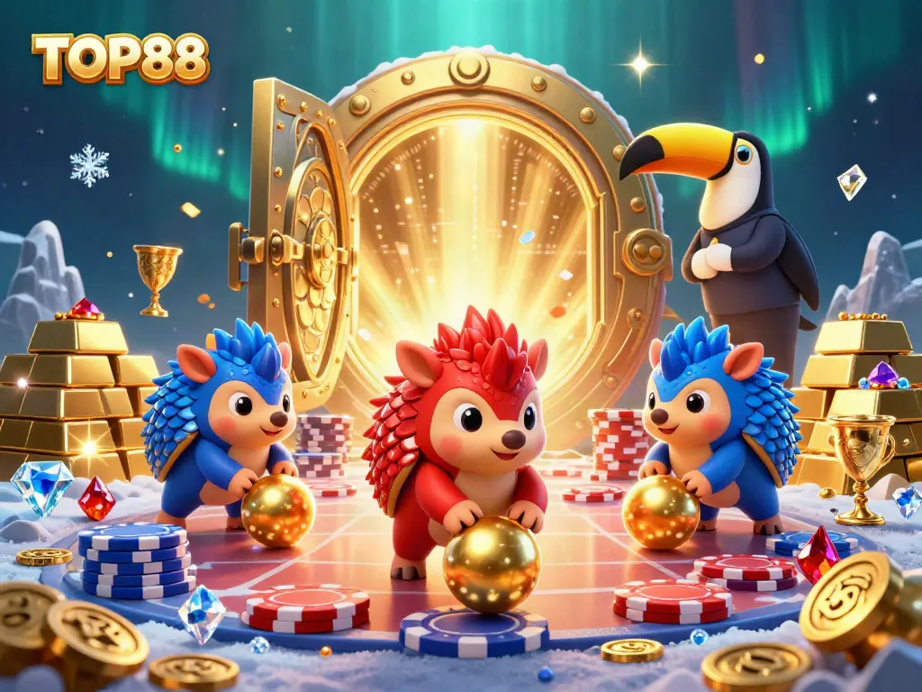 TOP88 pangolins compete in a vibrant casino scene filled with poker chips and gold treasures.