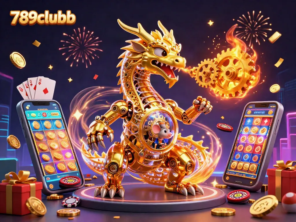 Engage with 789clubb's immersive casino experience amid golden gears and vibrant games.