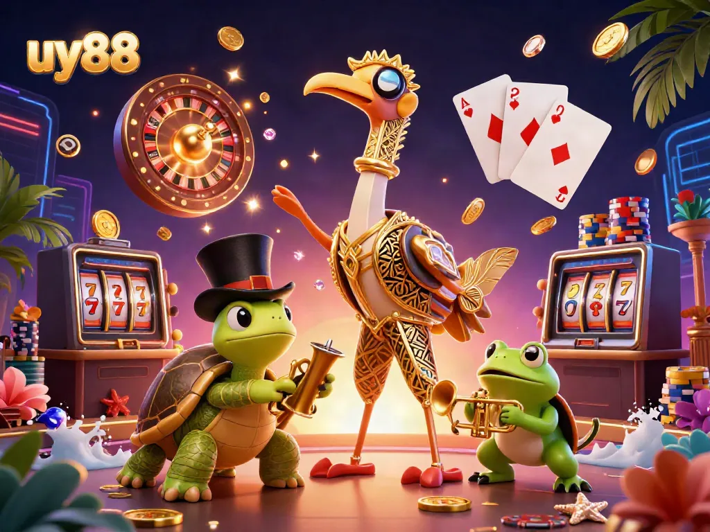 Engage with uy88's thrilling games featuring a vibrant 3D illustration of fun characters amidst an exciting casino atmosphere.
