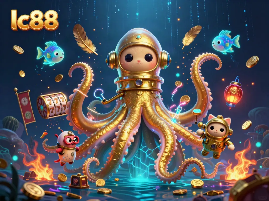 Experience thrilling gameplay with lc88 as the colossal kraken and diving cat immerse in a vibrant casino world.