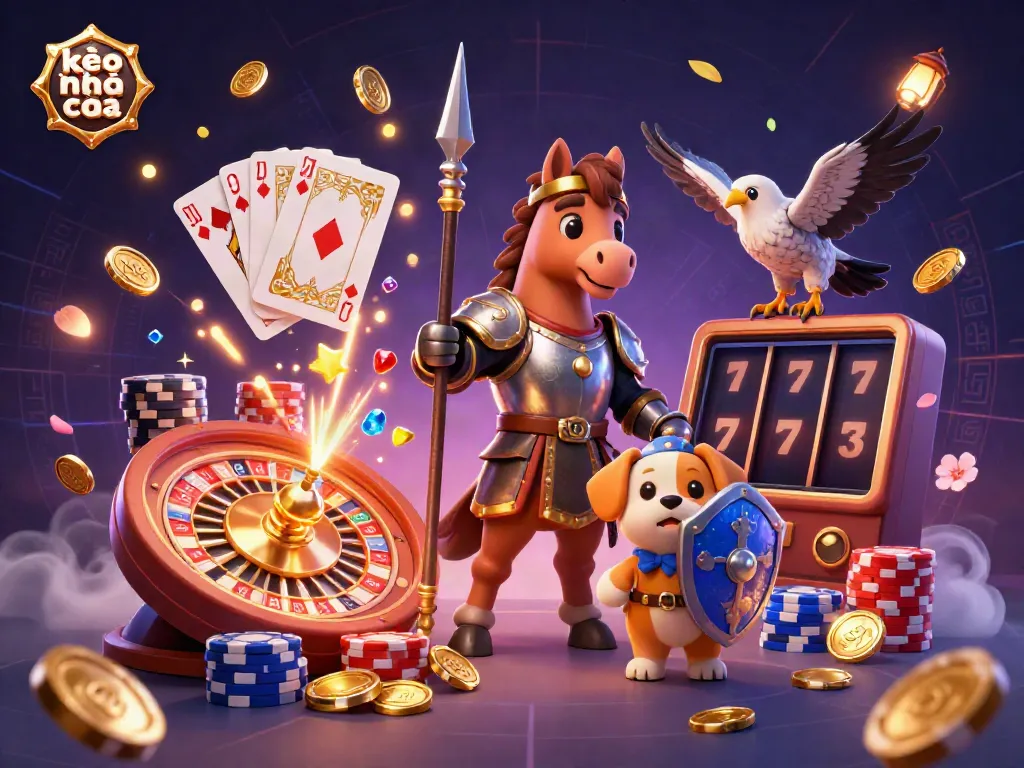 Experience exciting betting action with kèo nhà cái featuring immersive 3D characters, golden coins, and roulette excitement.