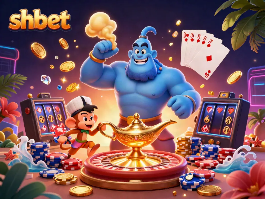 Experience winning moments at shbet with a captivating 3D casino illustration featuring a genie and poker elements.