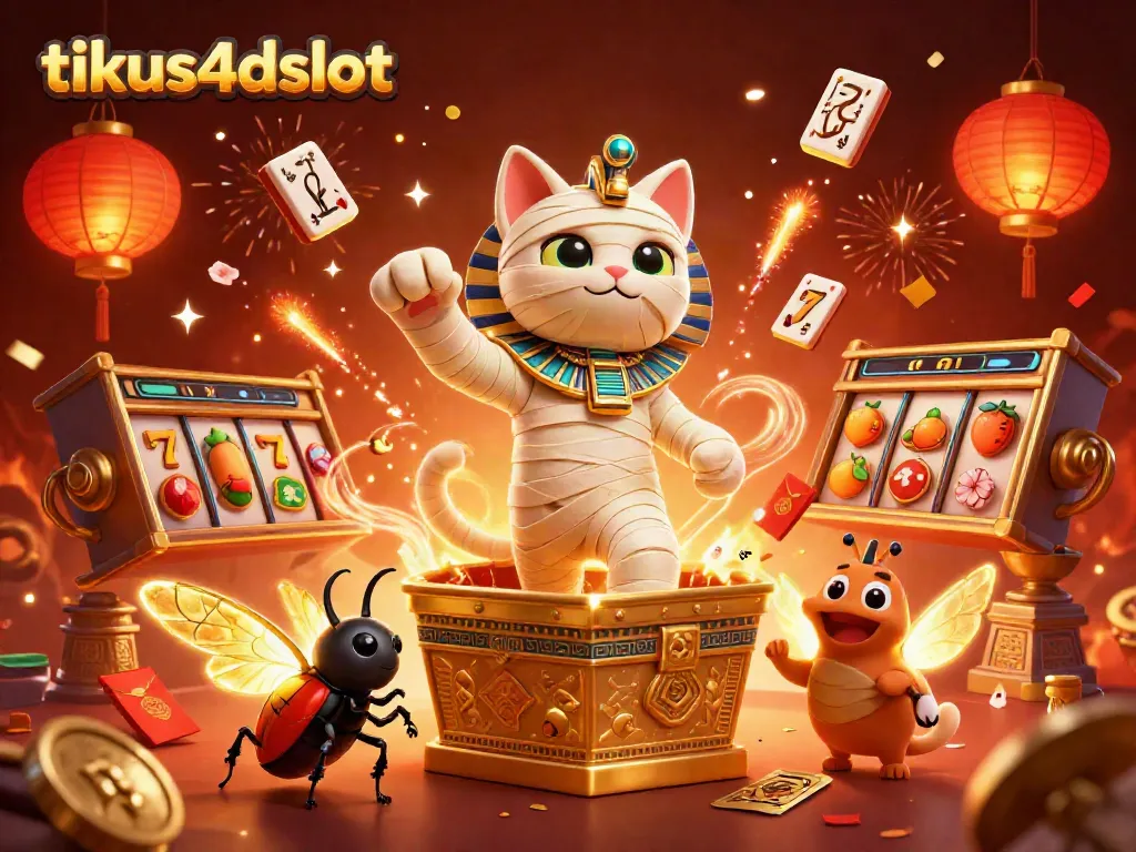 Memenangkan permainan di tikus4dslot dengan gerakan dinamis kucing mumi 3D di kasino piramida.
