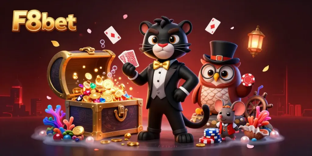 Experience the thrilling world of F8bet with a dynamic 3D casino scene featuring exciting characters and rich elements.