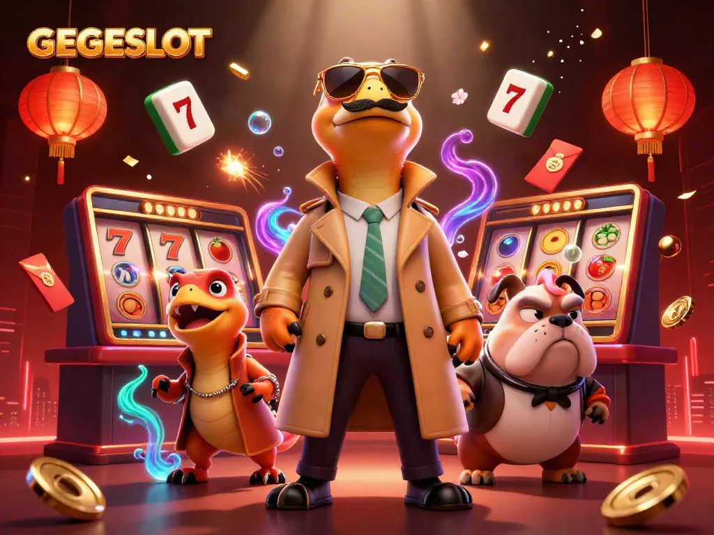 Experience GEGESLOT with animated casino characters engaged in fun gaming activities.