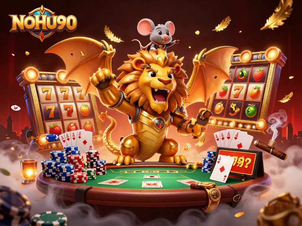Join the excitement of NOHU90 with a vibrant 3D illustration of dynamic slot games and a chimera creature.