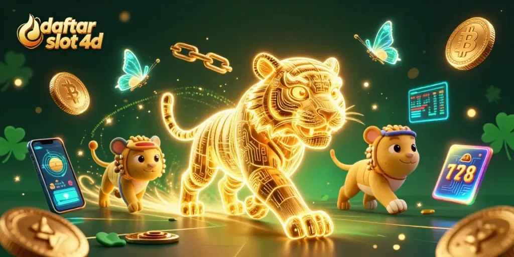 Gambarlah daftar slot 4D dengan karakter harimau emas bercahaya dalam kasino digital, dikelilingi koin crypto.