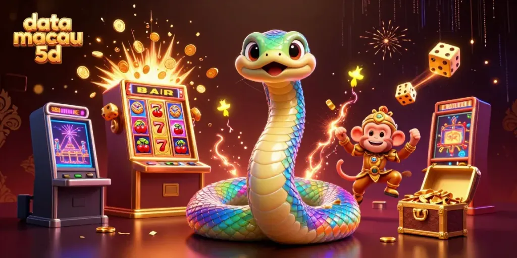 Melihat data macau 5d dengan mesin slot 3D dan raja monyet, suasana kasino magis.