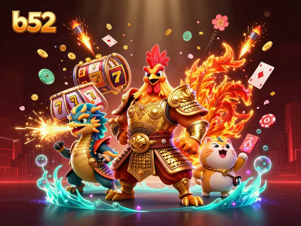 Experience the thrill of b52 with the fighting rooster and dragon in a vibrant casino scene filled with games and excitement.