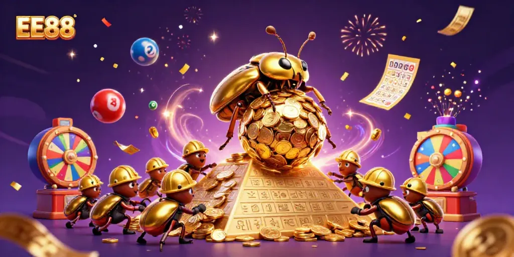 Experience the excitement of EE88's world with vibrant lottery elements and gold coins falling abundantly.