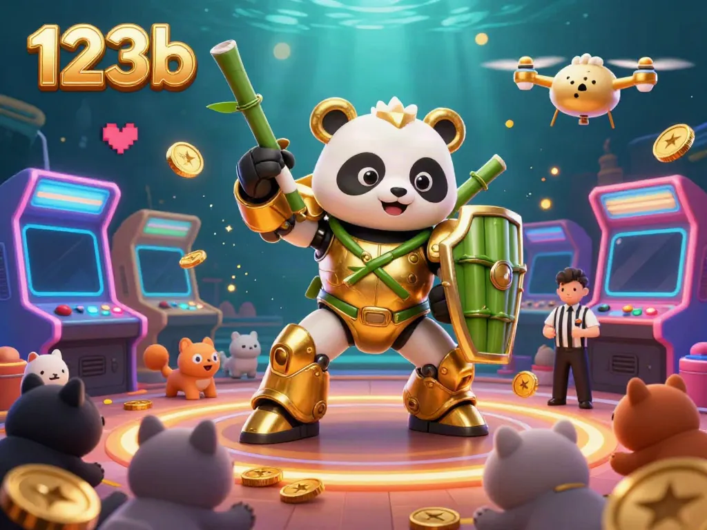 Celebrities celebrate 123b with dynamic gaming action in a vibrant 3D casino scene.