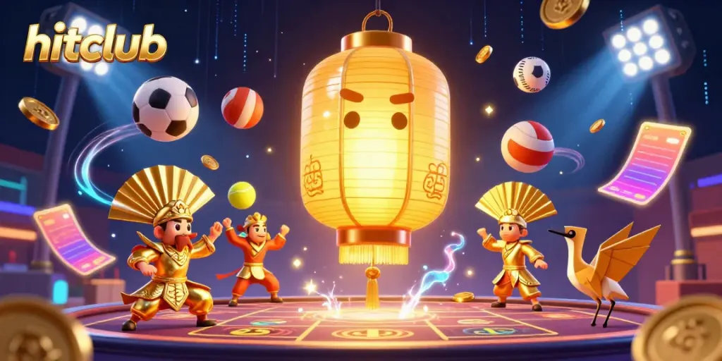 Engage with hitclub's dynamic casino scene featuring golden lanterns and vibrant sports elements